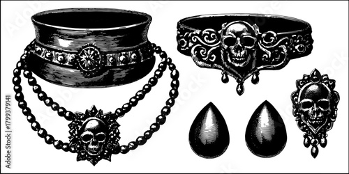 Vintage jewelry set featuring skull motifs in detailed engraving. Unique black outline vector illustration suitable for gothic themes.