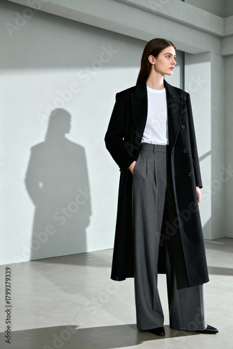 Elegant fashion model in a long black coat and gray wide-leg trousers. Posing in a minimalist studio with a distinct shadow on the white wall.