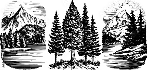 Engravings of mountains and trees in vintage style. Traditional landscape vector illustration with a black outline and stipple texture.