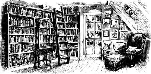 Vintage library illustration featuring bookshelves and a comfortable chair. Hand-drawn design, perfect for creating a cozy reading set vector.