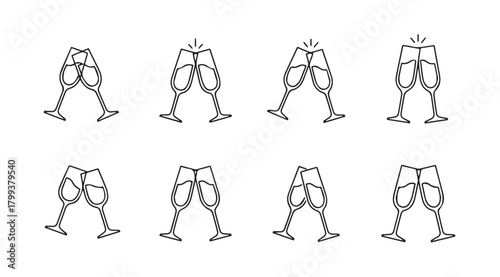 Eight champagne flutes arranged in two rows with a distinctive silhouette style