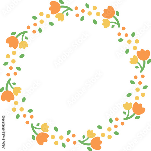 円形のフレーム　二色の花　オレンジと黄色