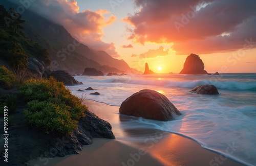 Sunset above sea line on orange sky. Mountains silhouette at dusk. Ocean waves beat stones on sand beach. Vacation journey to coast with seascape rocks and sun.