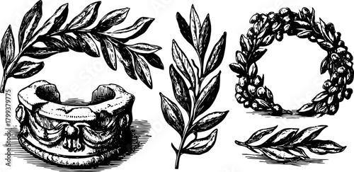 Vintage leaves and wreath in engraving style. Hand-drawn vector illustration featuring decorative outlines, perfect for artistic projects.