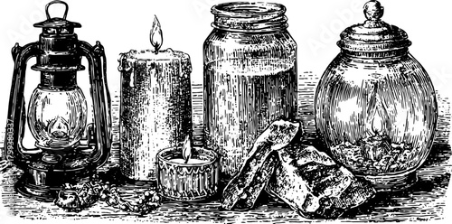 Vintage lantern and candle set with intricate details in black outline. This vector illustration showcases unique objects in a classic style.