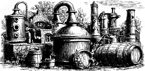 Antique engraving of distillation machinery and barrels. Detailed black outline illustration in a vintage style vector set.