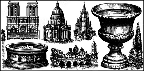Architectural landmarks including a fountain, urn, and cathedral in a classic black and white sketch. Historical vector illustration set showcasing details.