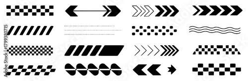 Collection of Black and White Graphic Elements: Arrows, Checkered Patterns, and Abstract Designs