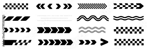 Collection of Black and White Graphic Elements: Arrows, Checkered Patterns, and Waves