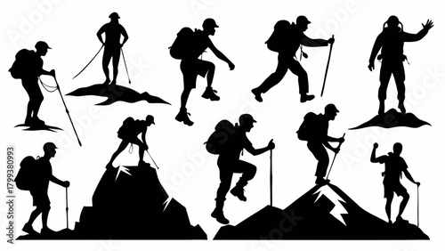 Mountain Hikers and Climbers Silhouettes Collection