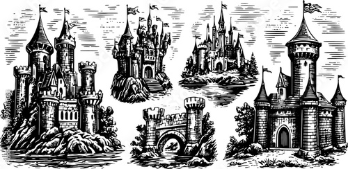 Castles and fortresses illustrated in vintage graphic style. Detailed black and white vector illustrations in a scenic landscape set.