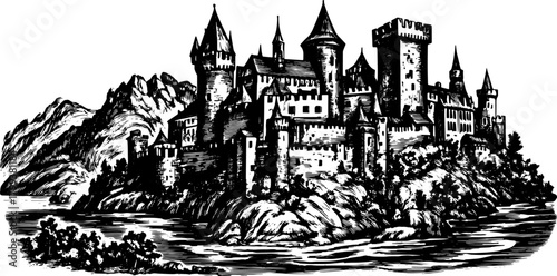 Castle architecture depicted in a detailed black and white vector illustration. It showcases historical beauty and a scenic landscape.