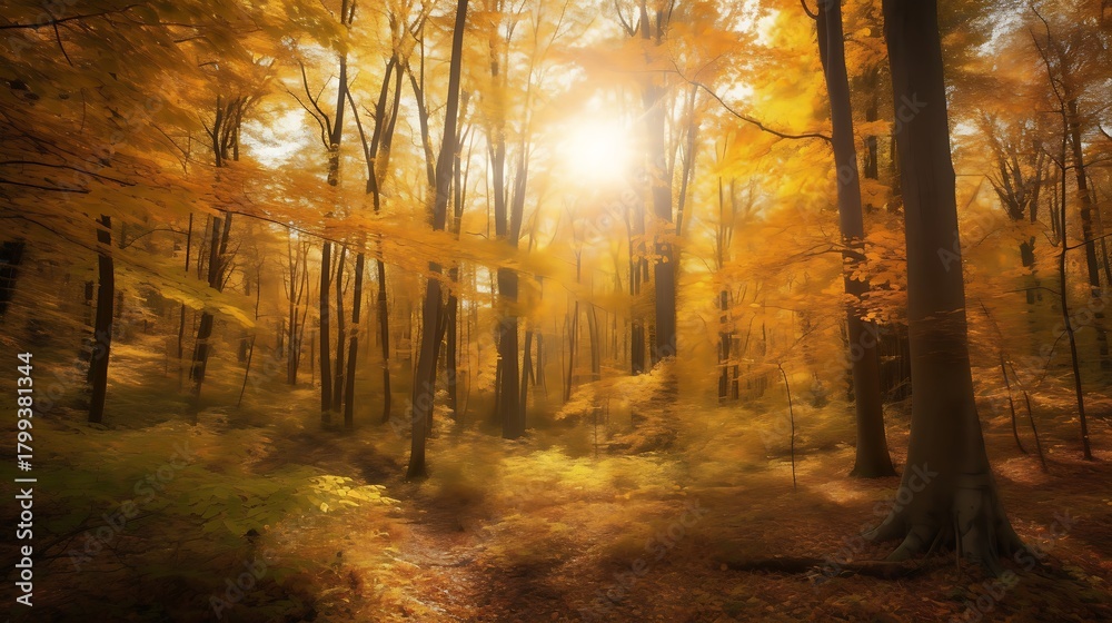 Fototapeta premium Golden canopy: An atmospheric autumn forest scene bathed in radiant sunlight