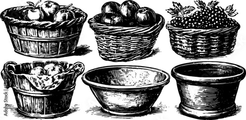 Vintage engraving set of baskets with apples and grapes. Detailed line drawing in black and white vector illustration.