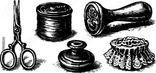 Antique engraving featuring a set of sewing tools: scissors, thread spool, decorative stamp, and lace. A vintage black outline vector illustration.