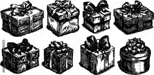 Hand-drawn gifts with bows in vintage engraving style. This black outline vector illustration features various presents in a decorative set.