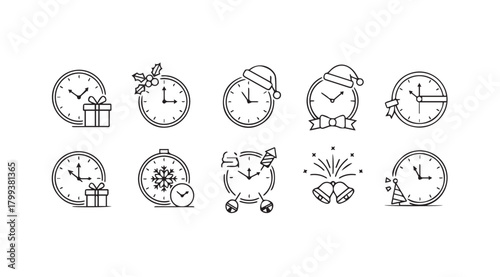 Collection of festive clocks and holiday icons in a distinctive silhouette style