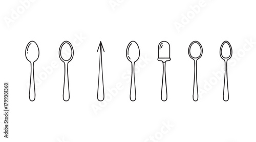 Collection of seven different spoon silhouettes in a row silhouette