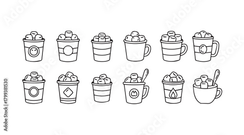 Collection of hand drawn coffee drink silhouettes with whipped cream and straws