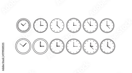 Collection of twelve oval shaped clock faces displaying different times silhouette