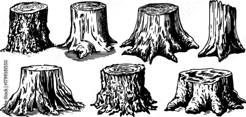 Vintage wood stump vector illustration with detailed outline and texture. Retro tree set showing various stump designs in a hand-drawn style.