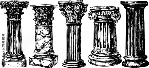 Engraved columns and pillars in vintage style. Classic architectural vector illustration featuring intricate designs.