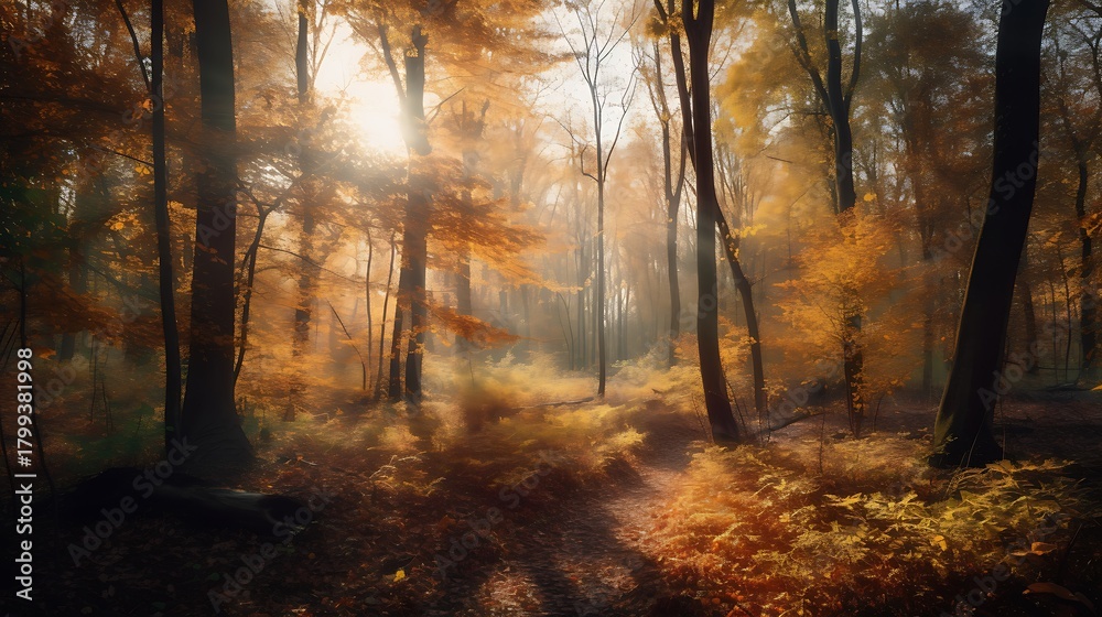 Naklejka premium Mystical sunlit forest path through golden foliage during the autumn season