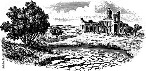Antique engraving of a landscape scene featuring trees and ruins. Black and white vector illustration showcasing detailed outdoor elements.