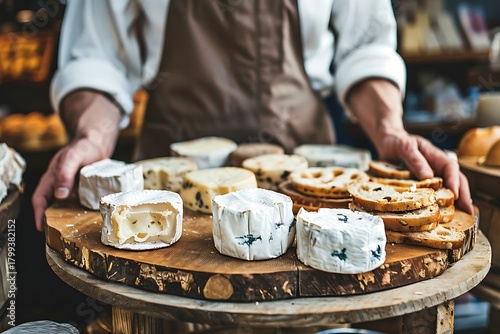 Cheesemonger presenting artisan cheese board with bread