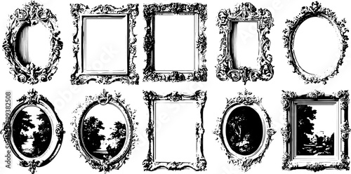 Set of ornate frames in black and white. Vintage vector illustrations showcasing various shapes and decorative styles for display.