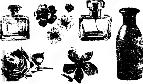 Vintage perfume bottles and flowers in black and white. Elegant floral design vector illustration set highlighting natural elements.
