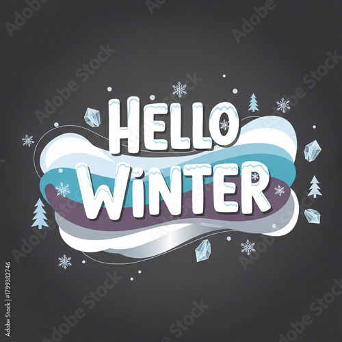 Hello winter text with snowflakes and ice crystals on a dark background