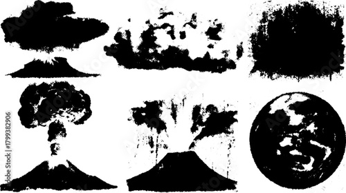 Volcano eruption with explosive smoke cloud. Black and white vector illustration depicting powerful natural phenomena.