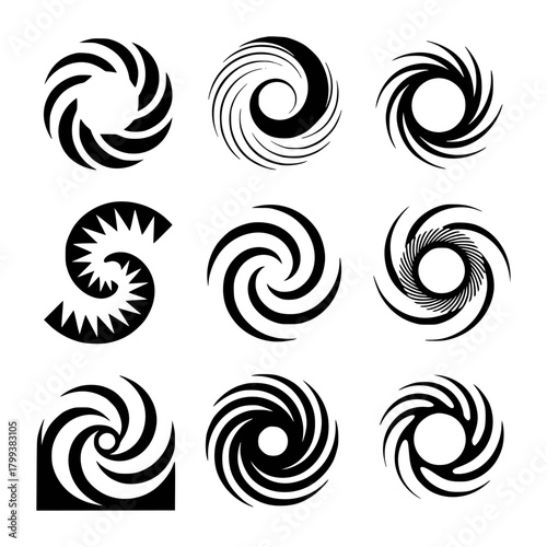 Collection of Nine Black and White Swirling Vortex and Spiral Graphic Designs
