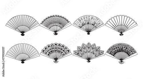 Collection of ornate decorative fan silhouettes in black and white