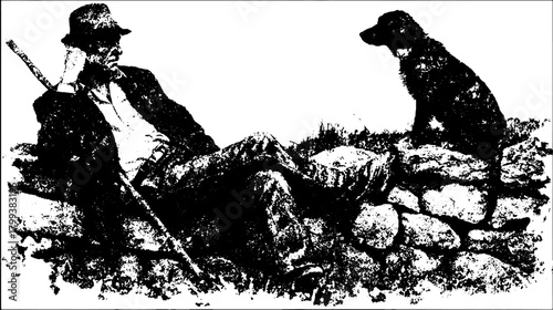 Engravings of a man resting outdoors with a dog. Vintage silhouette vector illustration showcasing a simple rural set.