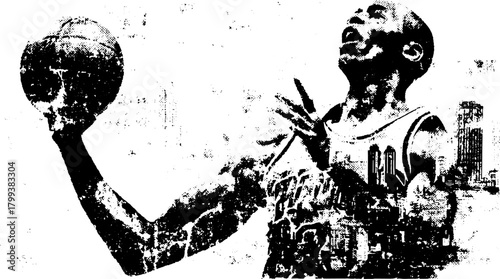 Basketball player in action, throwing the ball. Dynamic vector illustration with an urban background and textured silhouette.