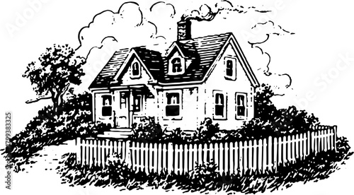 Vintage house illustration in black and white outline style. Includes detailed elements like the fence and trees, showcasing retro architecture. Vector artwork.