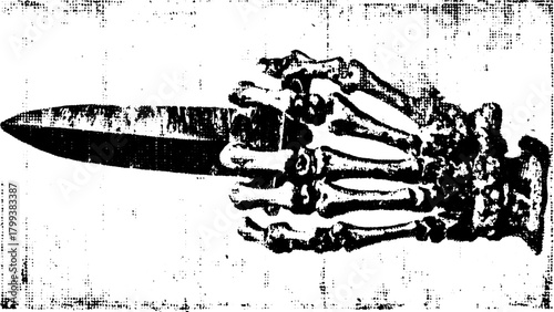 Skeleton hand holding a knife, depicted in monochrome. Detailed vector illustration showing anatomical structures in a flat style.