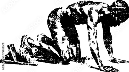 Vintage illustration of a man in a kneeling pose. Simple and flat vector graphic showcasing human anatomy with muscle details.