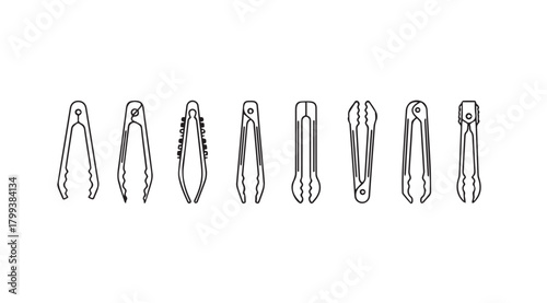 Collection of various kitchen tongs and tweezers in a stylized silhouette
