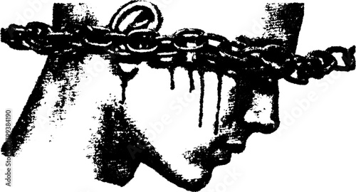 Head silhouette with a chain around it. Minimal black and white vector illustration highlighting strong themes and abstract design elements.