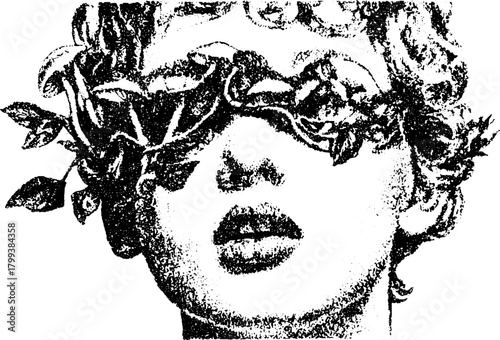 Woman's face covered by flowers in a black and white vector illustration. Unique design representing beauty and nature.