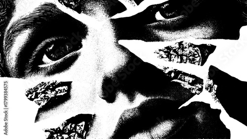 Eyes and face in an engraving style. Vintage black and white line illustration showcasing texture and detail in a vector format.