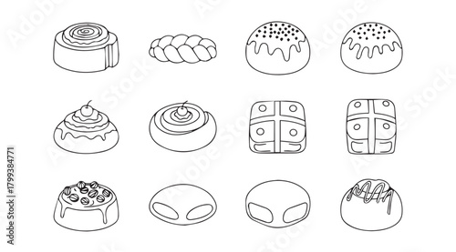 Collection of illustrated pastries and baked goods silhouette