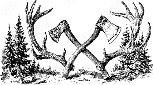 Vintage illustration of crossed axes and antlers. Black and white line art in a rustic style, featuring forest elements and wildlife in a vector set.