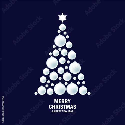 Abstract christmas tree made of white balls vector illustration. Stylized christmas tree decorated with shiny white baubles on a dark blue background. Template for background, banner, card