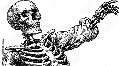 Skeleton art in vintage engraving style. Detailed vector illustration of human anatomy for educational purposes, set in monochrome design.