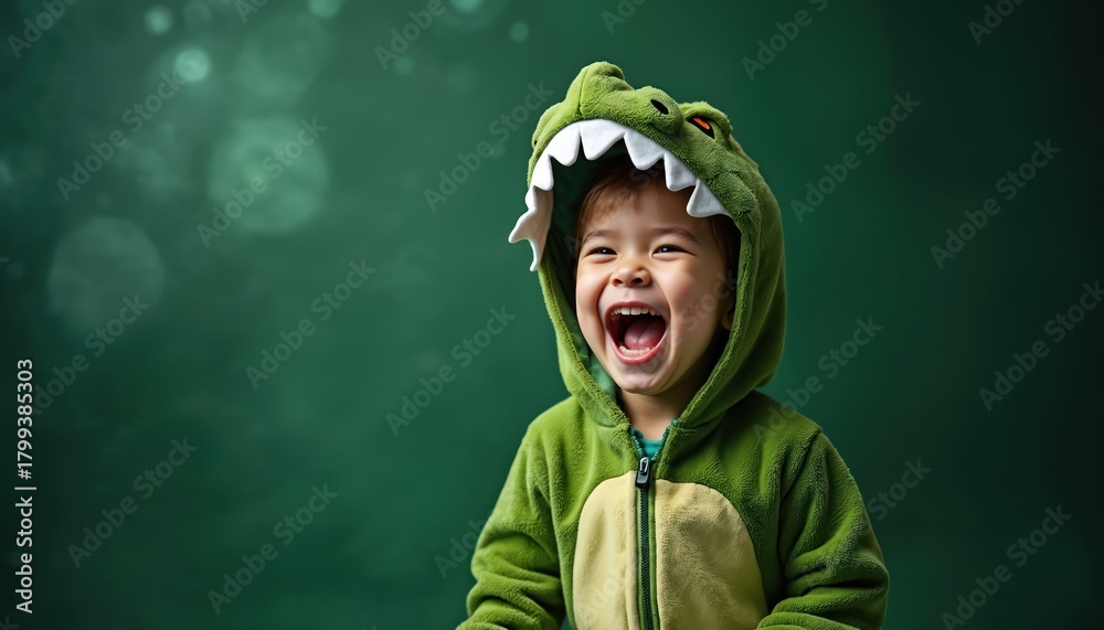 Naklejka premium Little kid wears green dinosaur costume pajamas. Child laughs with joy on green background. Fun fantasy creature play, dress up child excitement and happy emotion.
