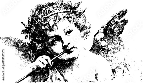 Vintage angel illustration in engraving style. Line art set of a charming figure with wings, perfect for various decorative applications.